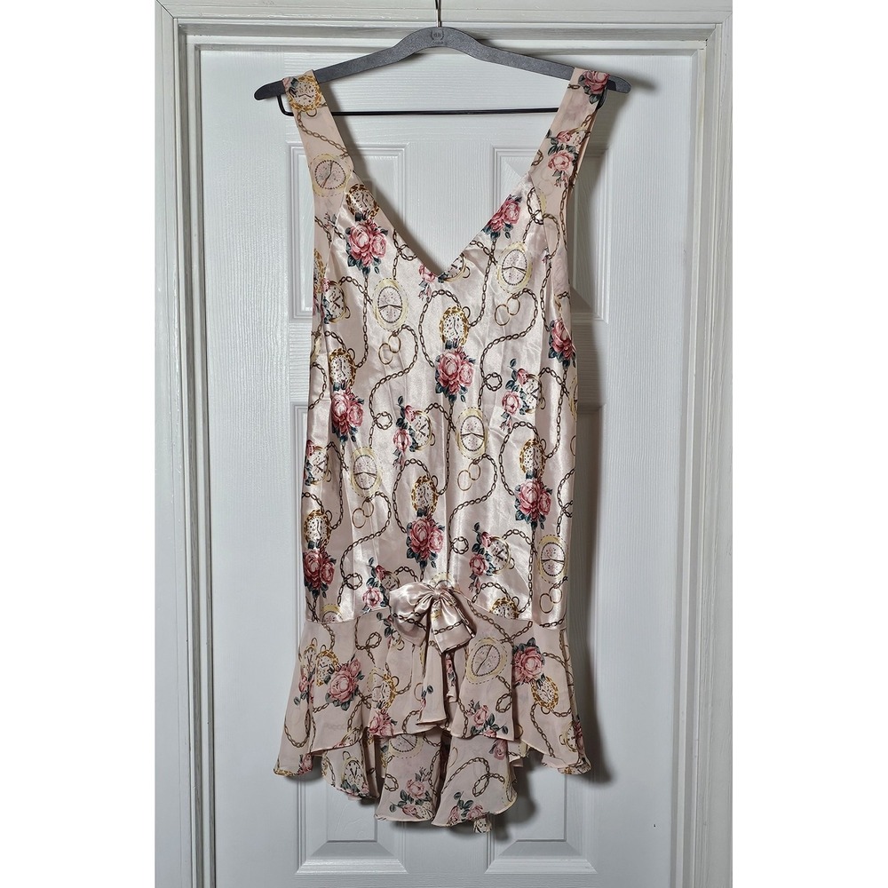 Vintage Lingerie Cacique Baby Pink Satin Floral Clock  Slip‎ Dress Size Medium